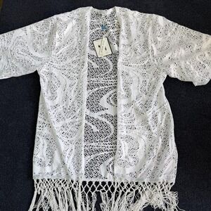 Blue Island Tunic Cover Up Womens Medium White Crochet Fringe Swim Beach Boho